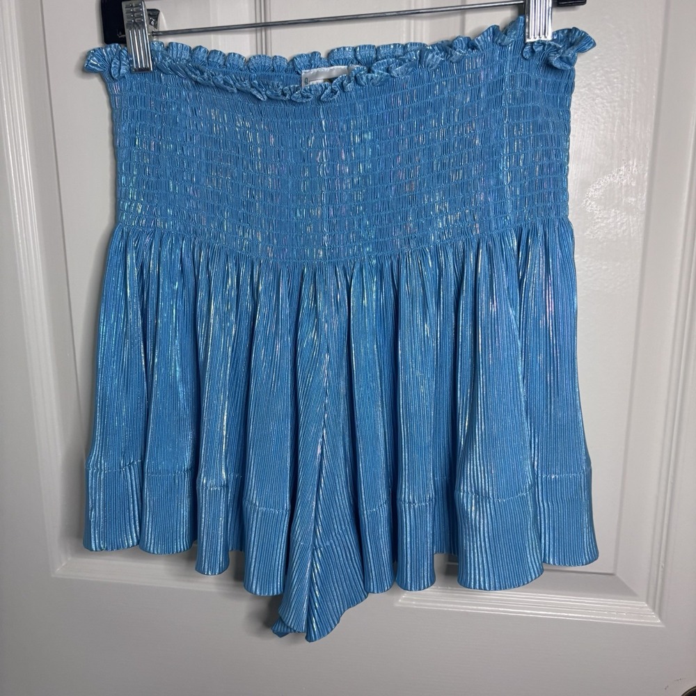 QUEEN OF SPARKLES Blue Metallic Smocked Skort Shorts